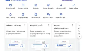 Panel zarządzania wizytówką Google. Możesz edytować profil, dodawać zdjęcia, aktualizacje, sprawdzać skuteczność i reklamować firmę.