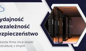 Wydajność, niezależność i bezpieczeństwo. Obraz serwerowni z serwerami w szafach rackowych, symbolizujący hosting dedykowany.