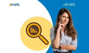 Kobieta zastanawia się nad analizą danych SEO. Logo Ahrefs i lupa z wykresem sugerują, że chodzi o narzędzie Ahrefs co to jest i jak działa.