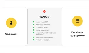 Użytkownik napotkał błąd 500. Lista przyczyn obejmuje problemy z plikami PHP, konfiguracją, uprawnieniami, bazą danych, wtyczkami WordPressa i serwerem.
