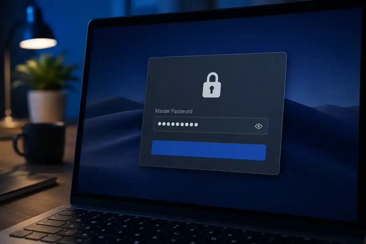 Ekran laptopa z oknem logowania menedżera haseł. Widoczny symbol kłódki i pole do wpisania hasła głównego.