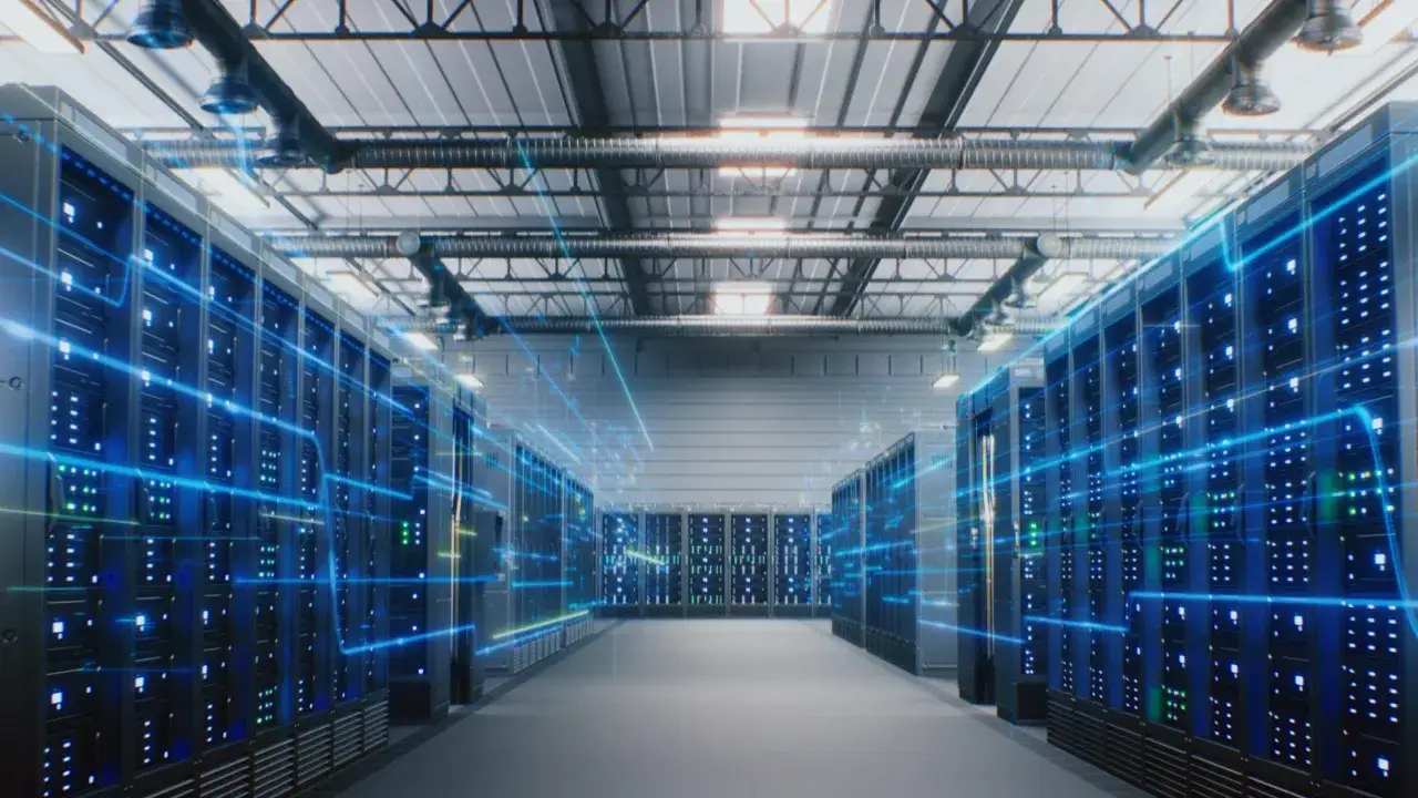 Rzędy serwerów w centrum danych, gdzie światła LED migoczą jak oczy cyber folks.