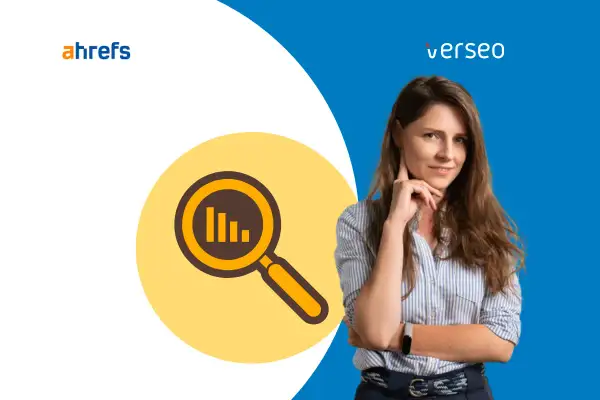 Kobieta zastanawia się nad analizą danych SEO. Logo Ahrefs i lupa z wykresem sugerują, że chodzi o narzędzie Ahrefs co to jest i jak działa.