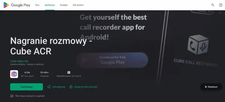 Aplikacja do nagrywania rozmów Cube ACR na Androida. Pobierz ją z Google Play i zacznij nagrywać swoje rozmowy.